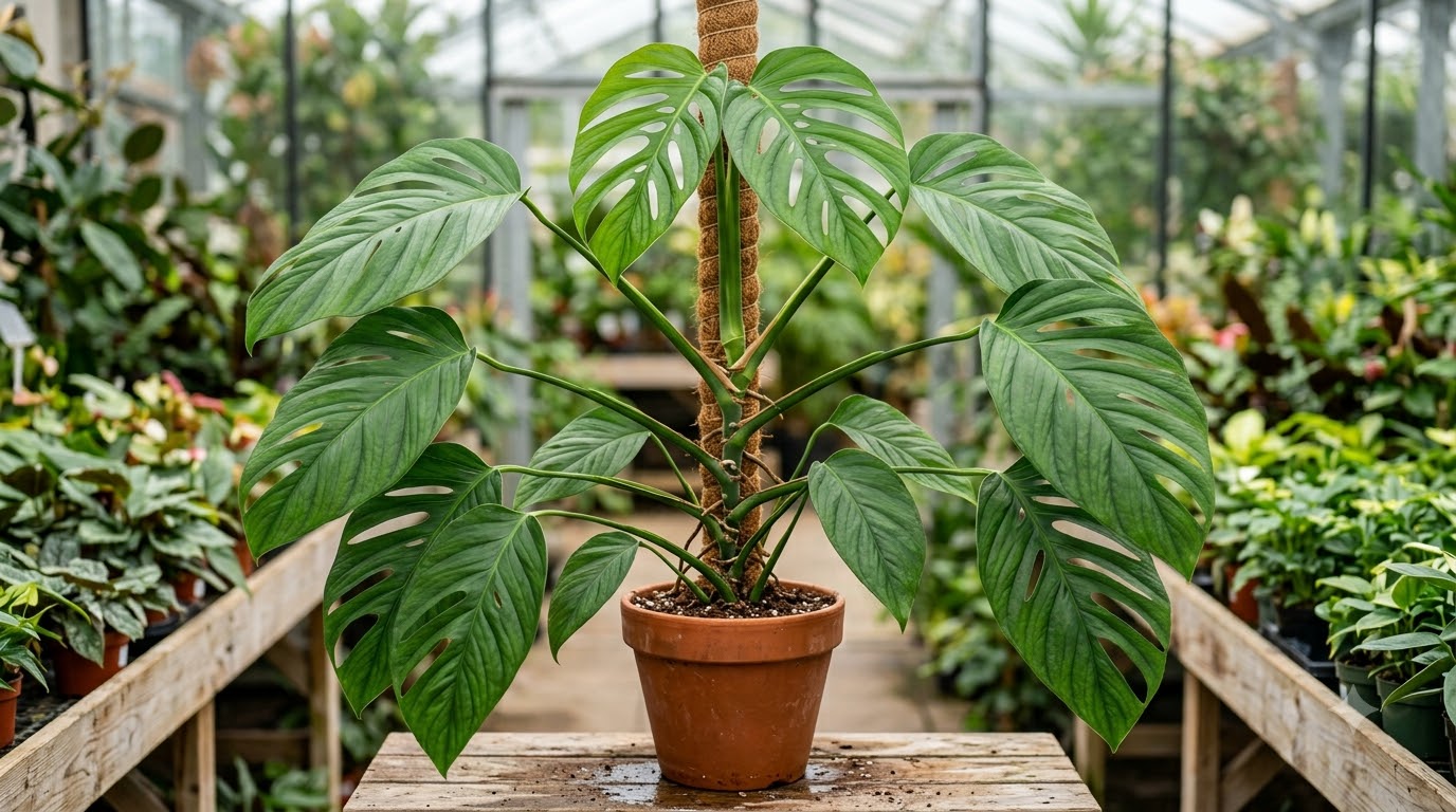 Monstera plant in a terracotta pot climbing a coir pole inside a greenhouse.