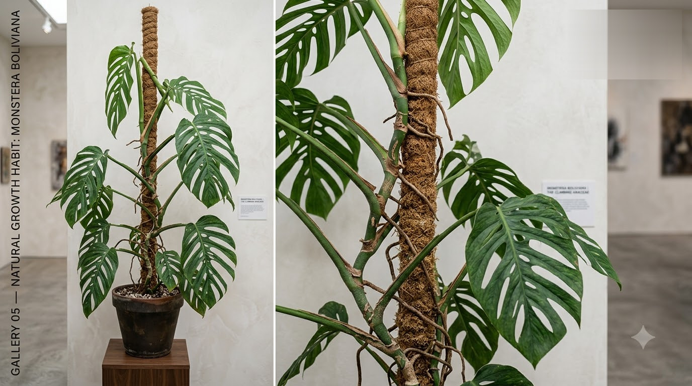 Monstera boliviana growing up a coir pole in a pot, with a close-up of aerial roots and fenestrated leaves.