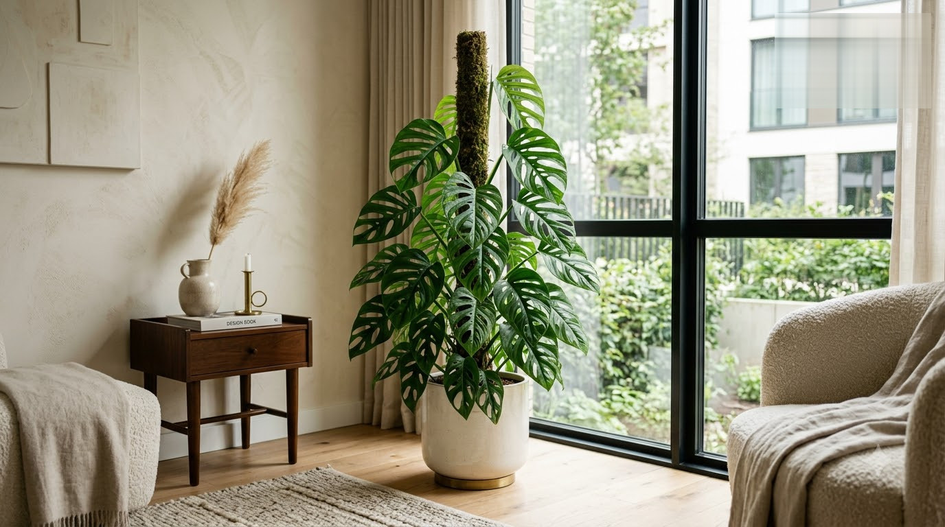 Large Monstera plant climbing a moss pole in a bright living room near a window.