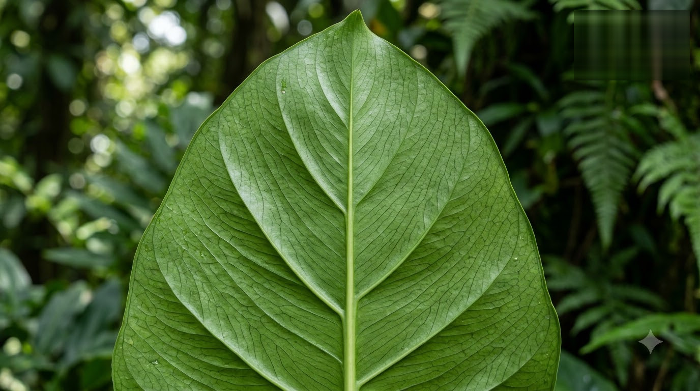 Close-up of a large green leaf showing prominent central and lateral veins against a blurred background of foliage.