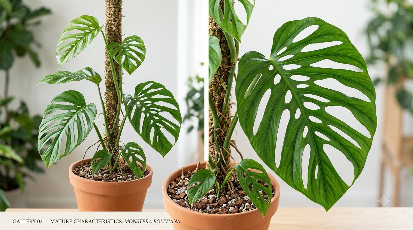 Monstera Boliviana growing on a moss pole in a terracotta pot, with a close-up of its mature fenestrated leaves.