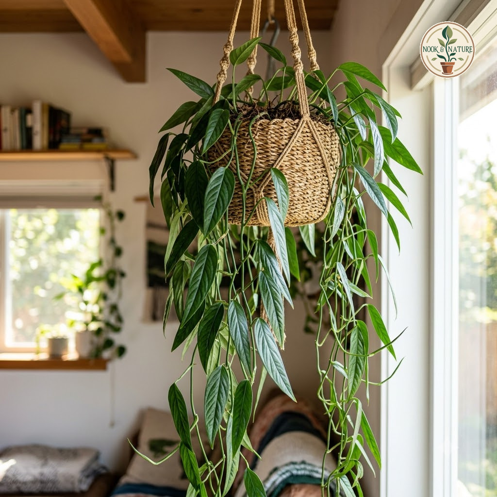 Monstera boliviana with trailing foliage in a woven hanging basket near a window.