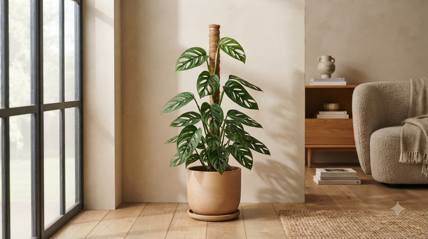 Monstera plant with fenestrated leaves growing up a coir totem pole in a pot indoors.