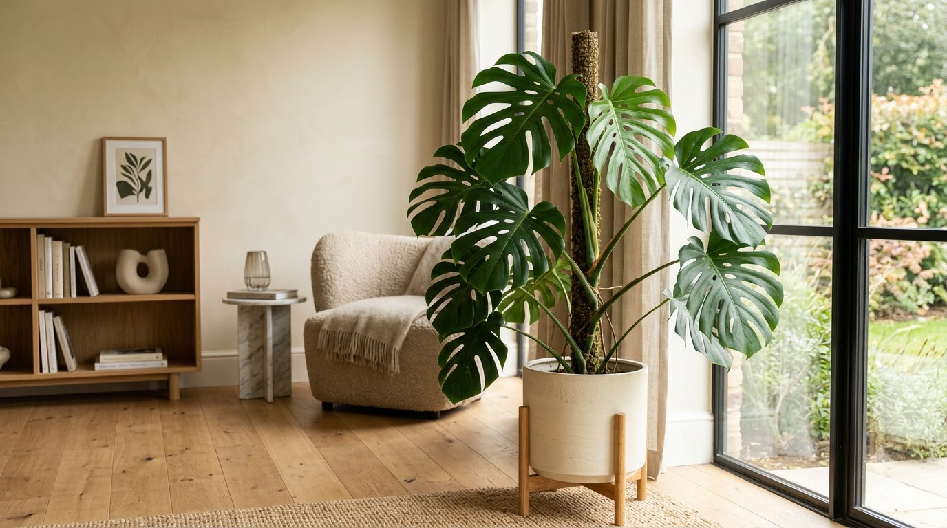 Large split-leaf plant in a pot with a moss pole in a sunlit modern living room.