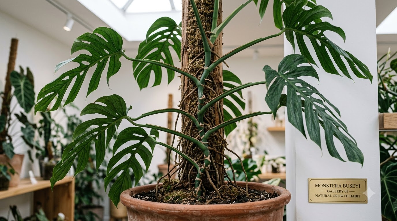 Monstera plant climbing a moss pole in a terracotta pot with a descriptive label on the wall.