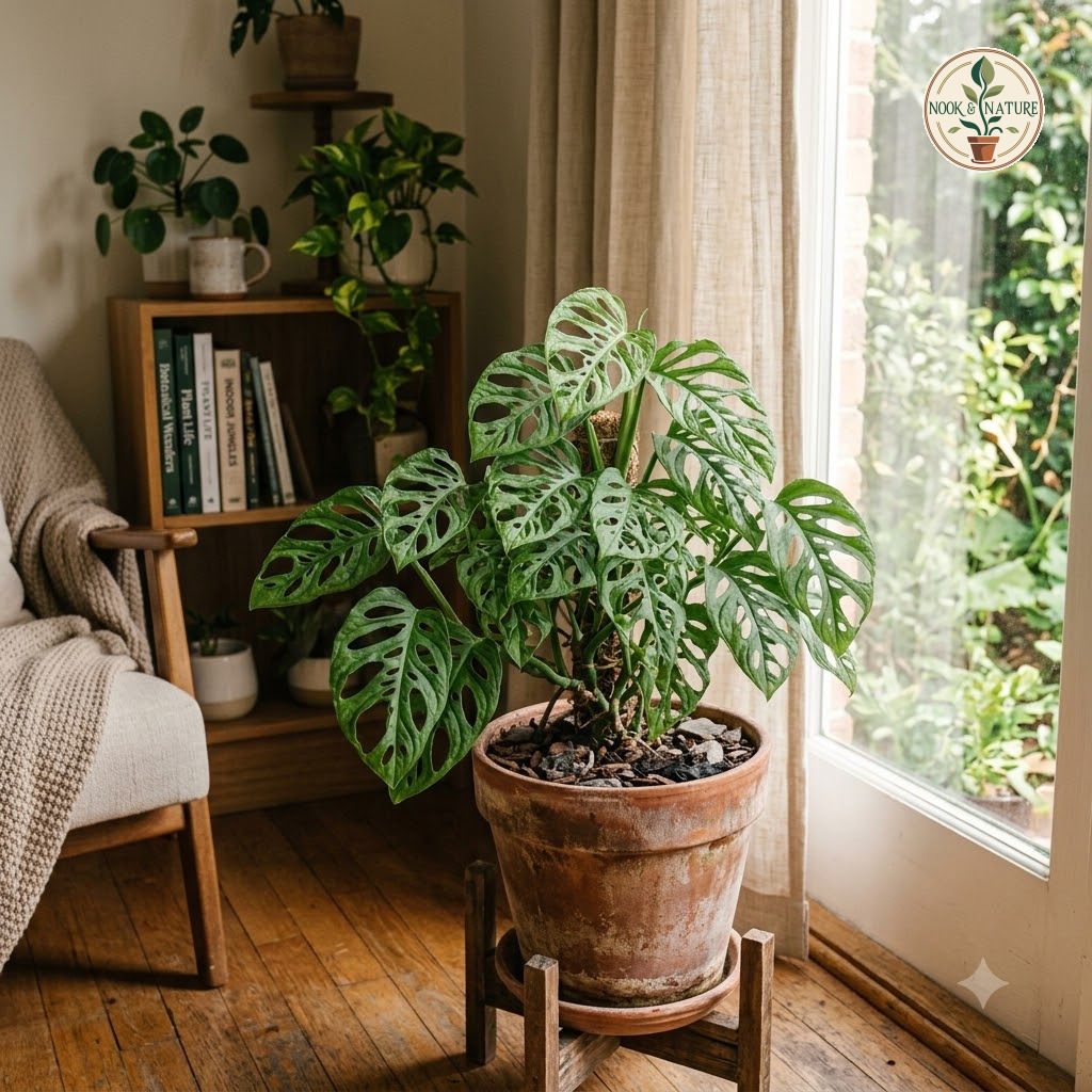 Potted Monstera cedenoi with fenestrated leaves on a wooden stand by a window.
