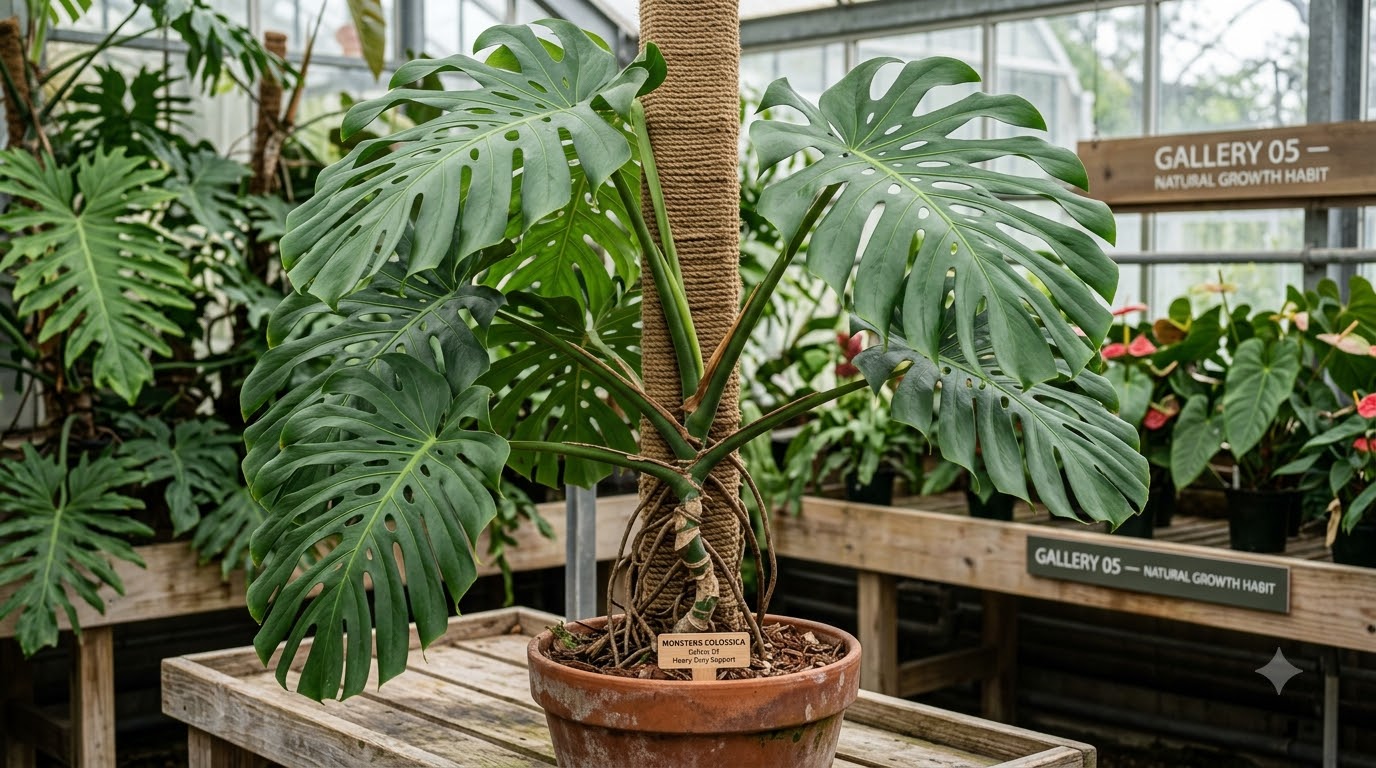 Monstera plant with large split leaves supported by a coir totem pole in a terracotta pot inside a greenhouse.