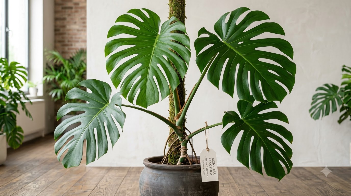 Monstera plant in a grey pot climbing a moss pole indoors.