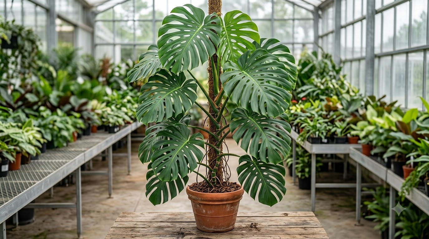 Monstera plant in a terracotta pot supported by a moss pole inside a greenhouse.
