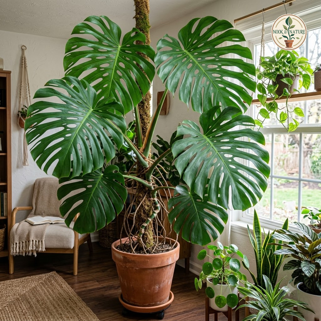 Large Monstera colossica plant with fenestrated leaves growing up a moss pole in a terracotta pot indoors.