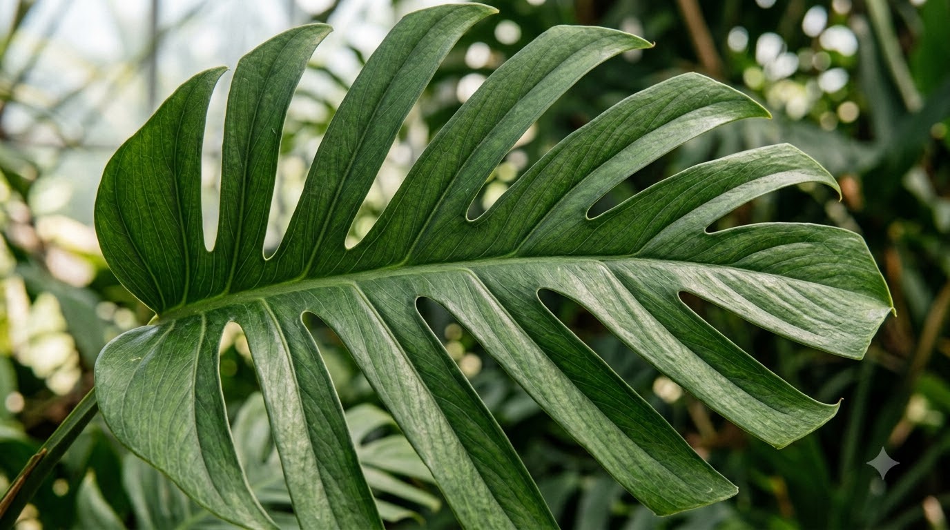 Close-up of a large split-leaf monstera plant with detailed vein patterns.