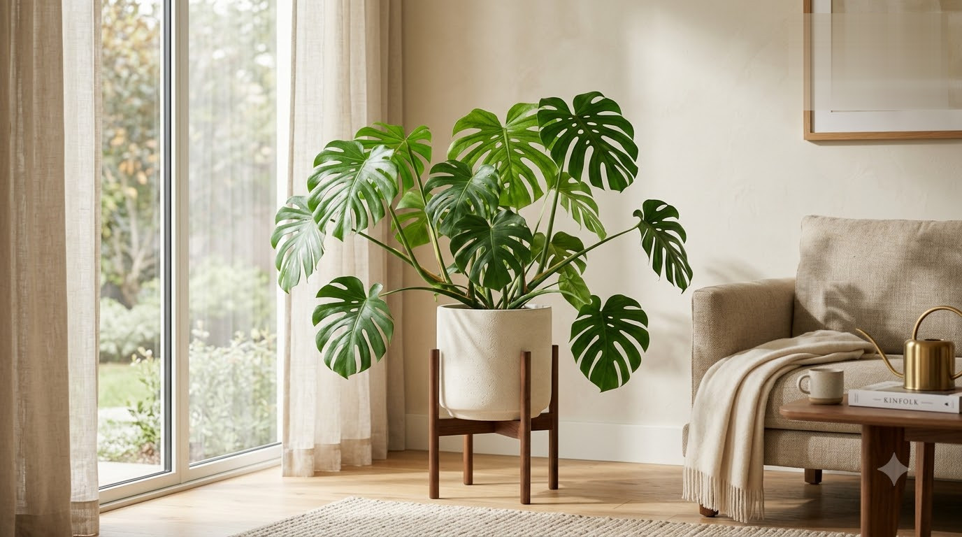 Large monstera plant in a ceramic pot on a wooden stand in a sunlit living room.