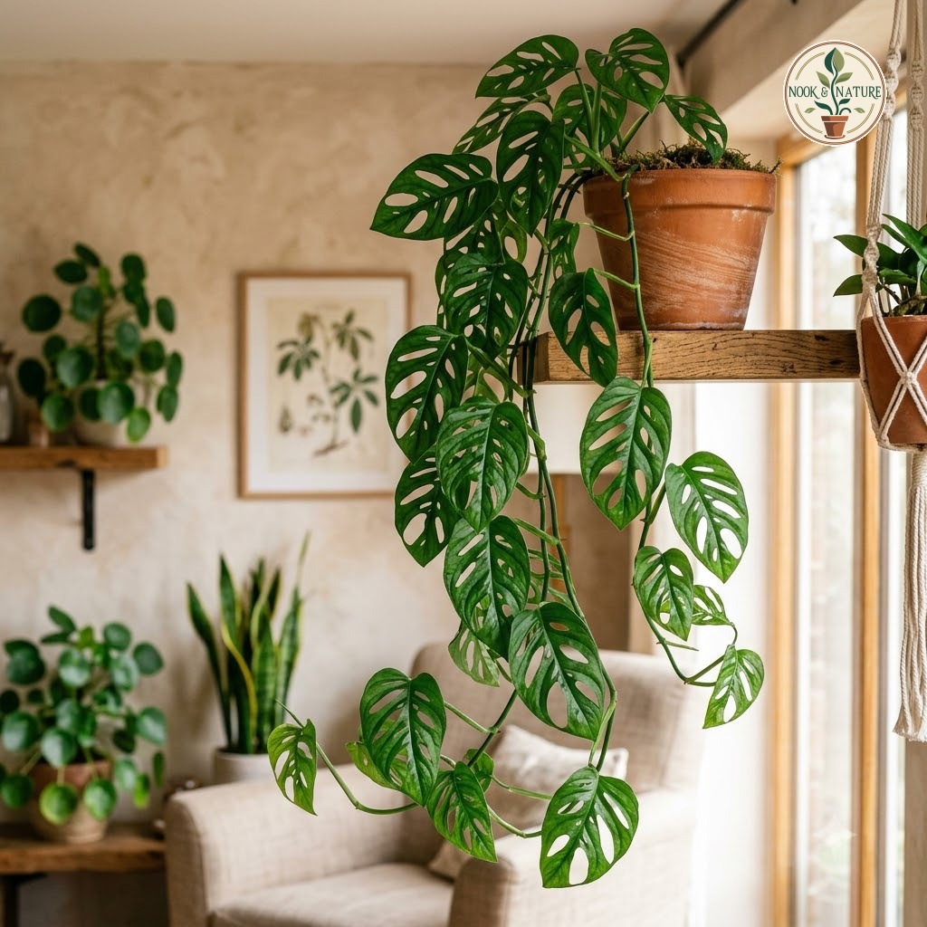 Lush trailing Monstera corana with characteristic fenestrated leaves in a terracotta pot on a wooden shelf.