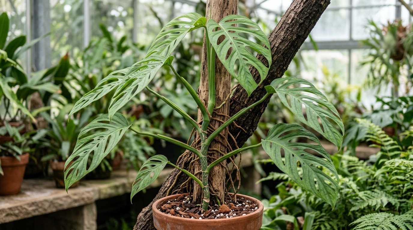 Monstera adansonii climbing a wooden pole in a terracotta pot inside a greenhouse