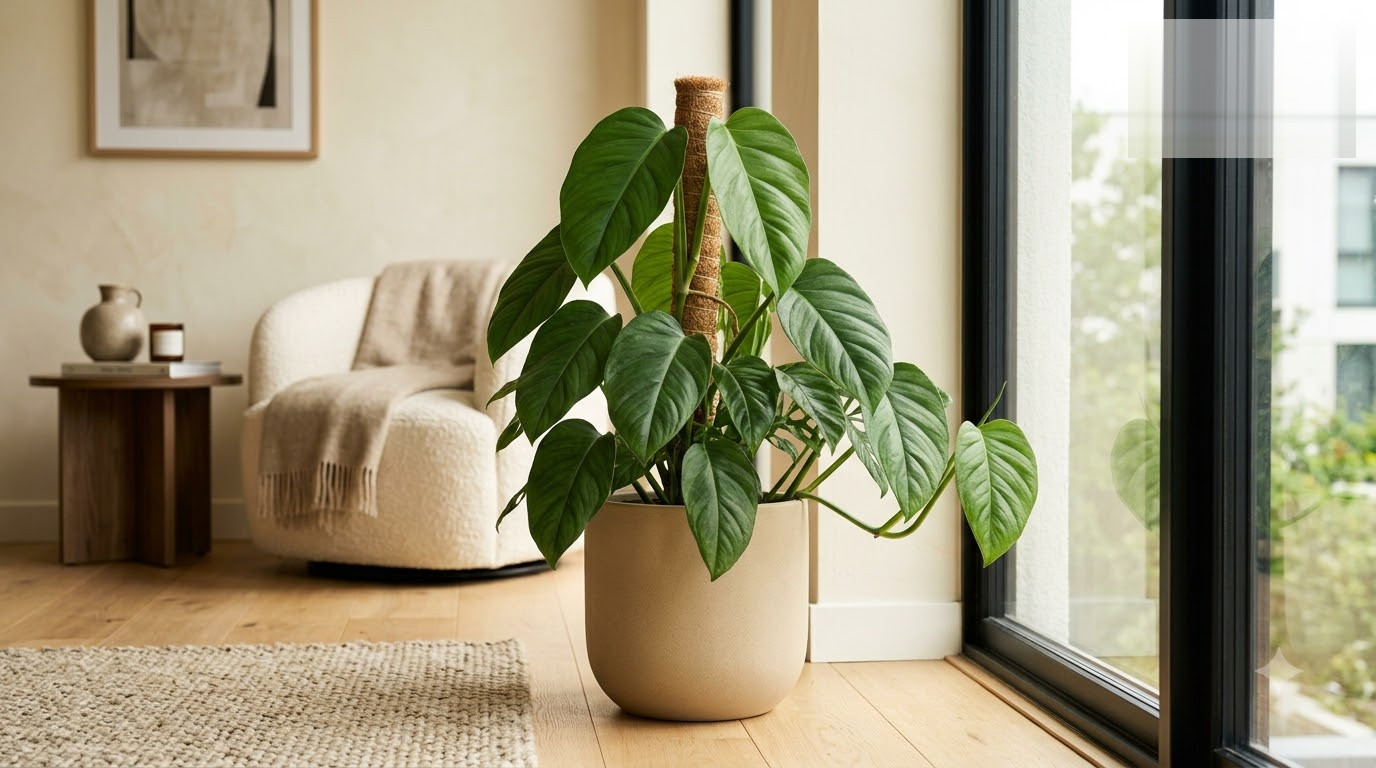 Large green potted plant climbing a moss pole in a bright living room near a glass door.