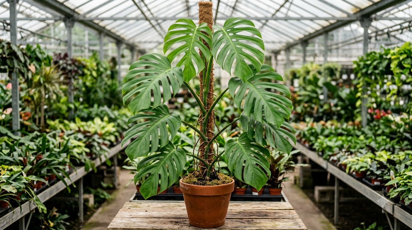Potted Monstera plant climbing a moss pole in a greenhouse.