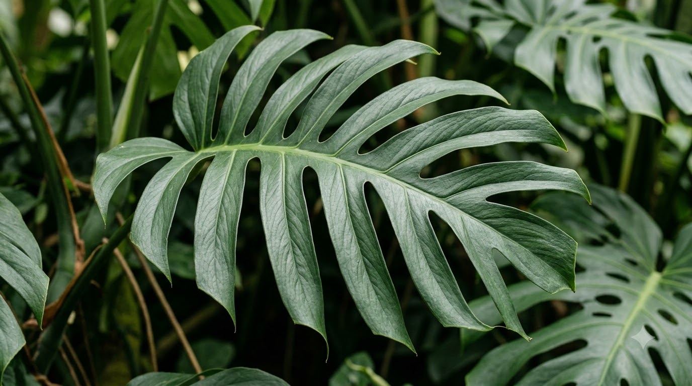 Large split monstera leaf surrounded by lush foliage in a dense garden.