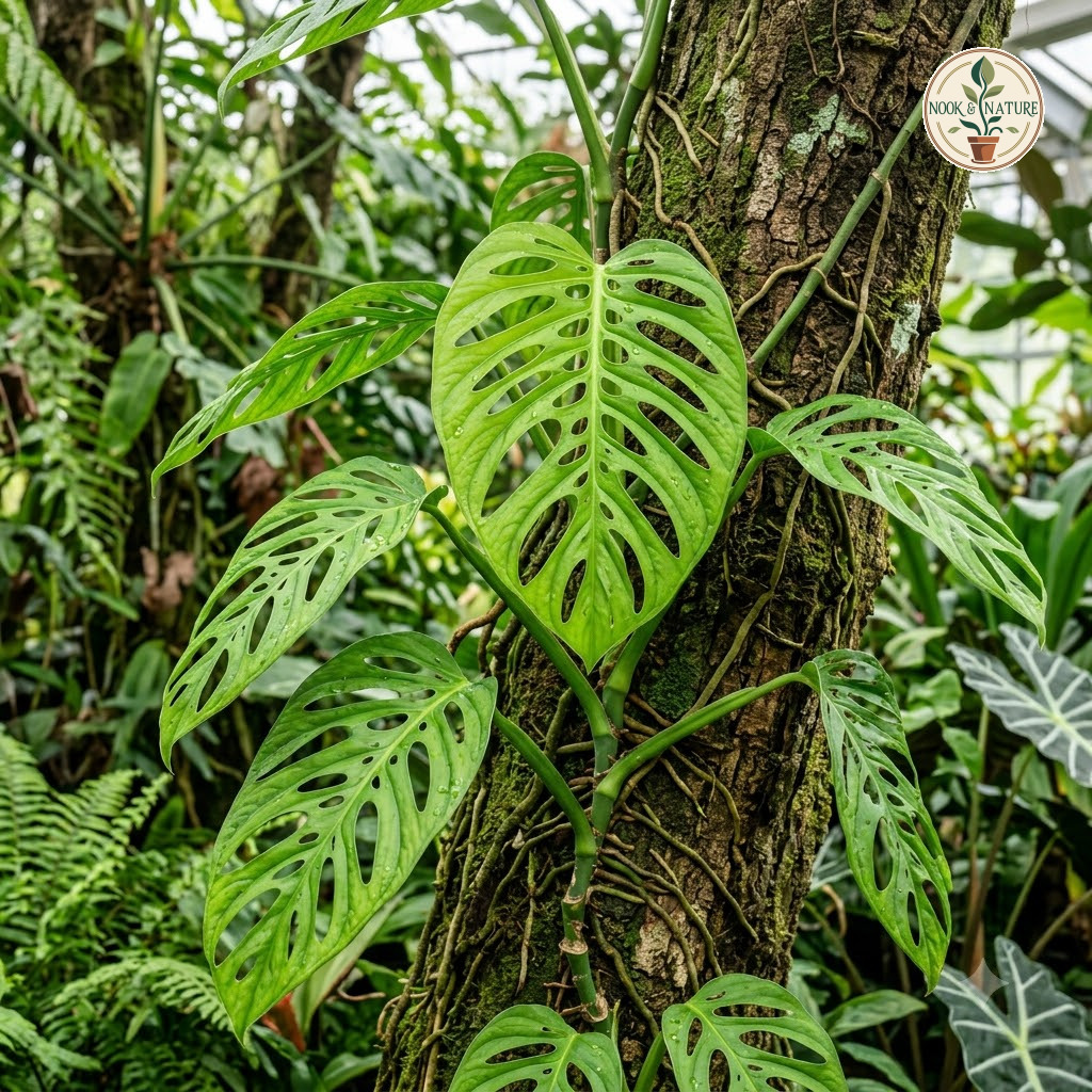 Monstera costaricensis climbing a mossy tree trunk with distinctive fenestrated leaves in a greenhouse.