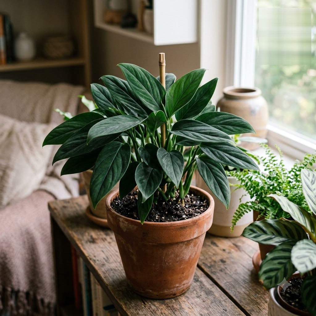Potted Monstera croatii plant with elongated dark green leaves and a central support stake on a wooden shelf.