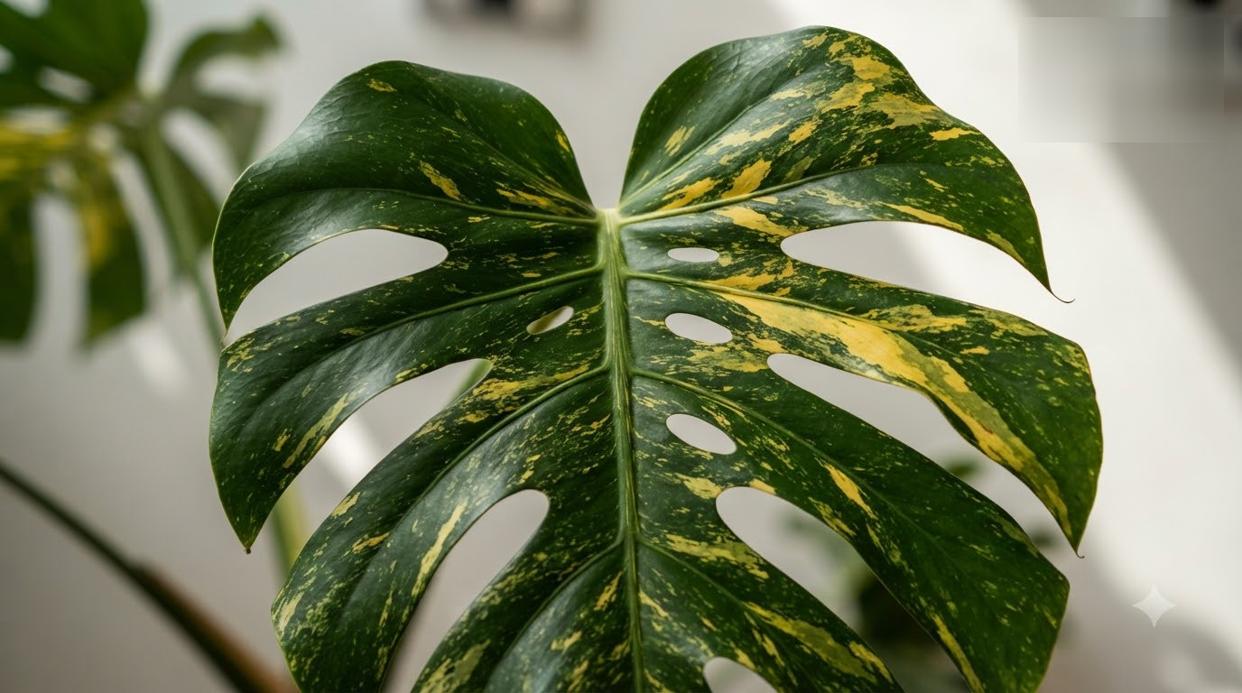 Close-up of a variegated Monstera leaf with yellow and green patches and natural splits.