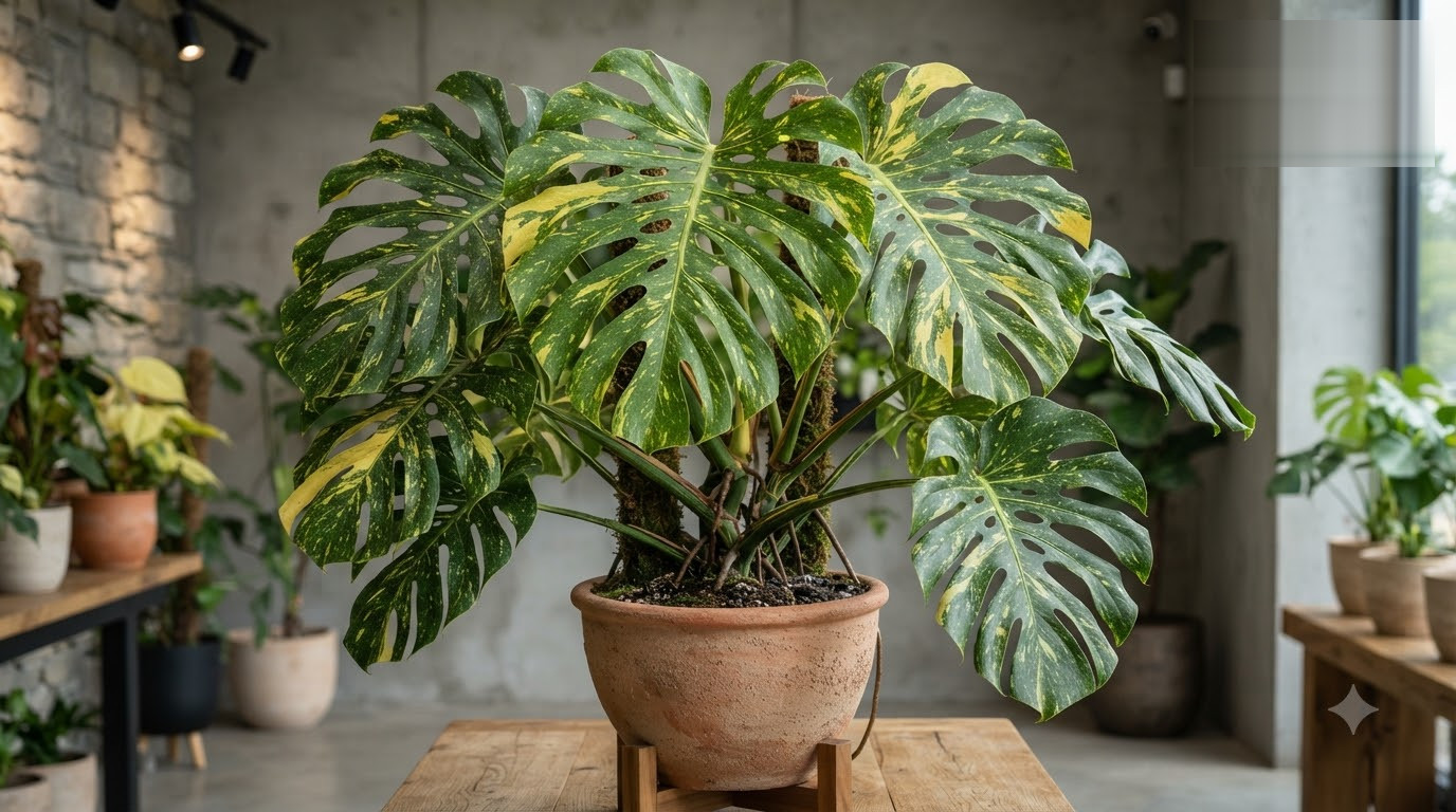 Large variegated Monstera plant in a terracotta pot on a wooden stand indoors.