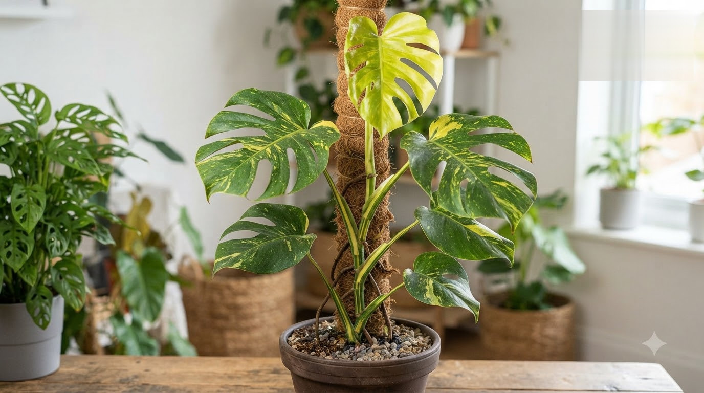 Variegated Monstera plant climbing a coir totem pole in a pot on a wooden table.