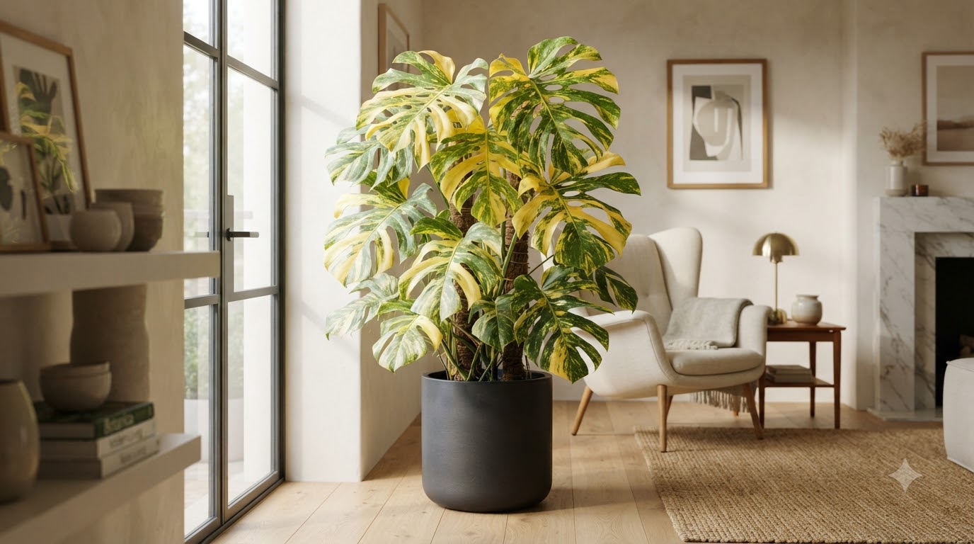 Large variegated Monstera plant in a dark pot inside a brightly lit living room