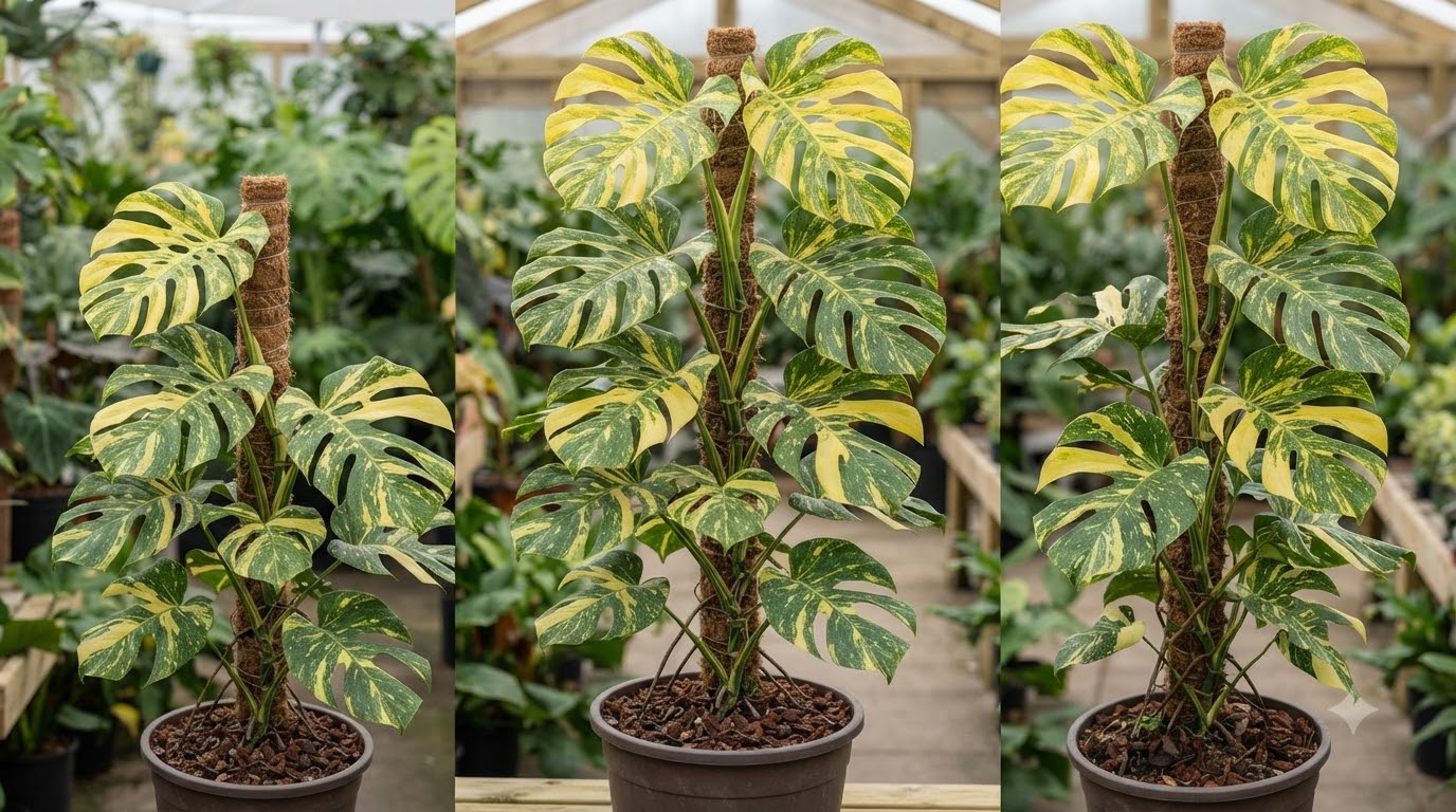 Three panels showing a variegated Monstera plant climbing a moss pole in a pot.