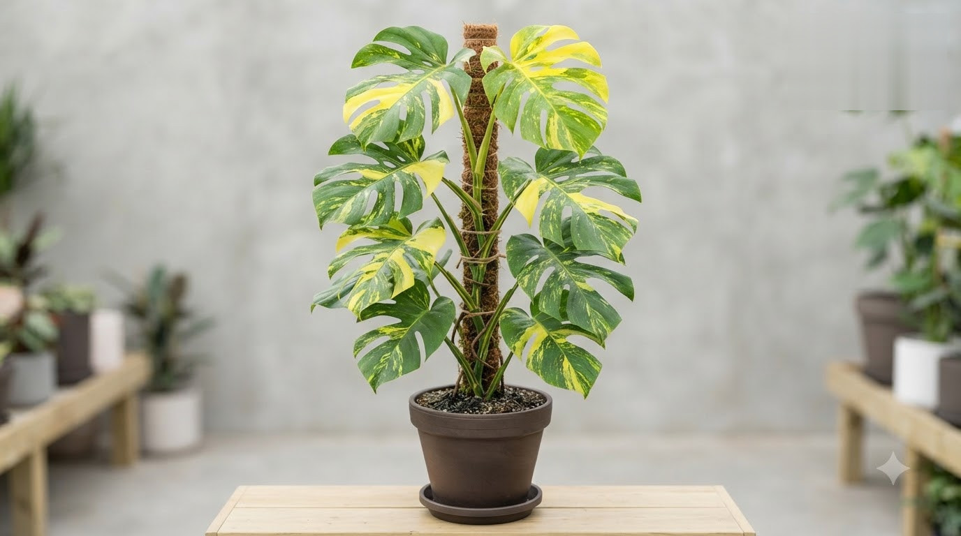 Variegated Monstera plant climbing a moss pole in a brown pot on a wooden table.