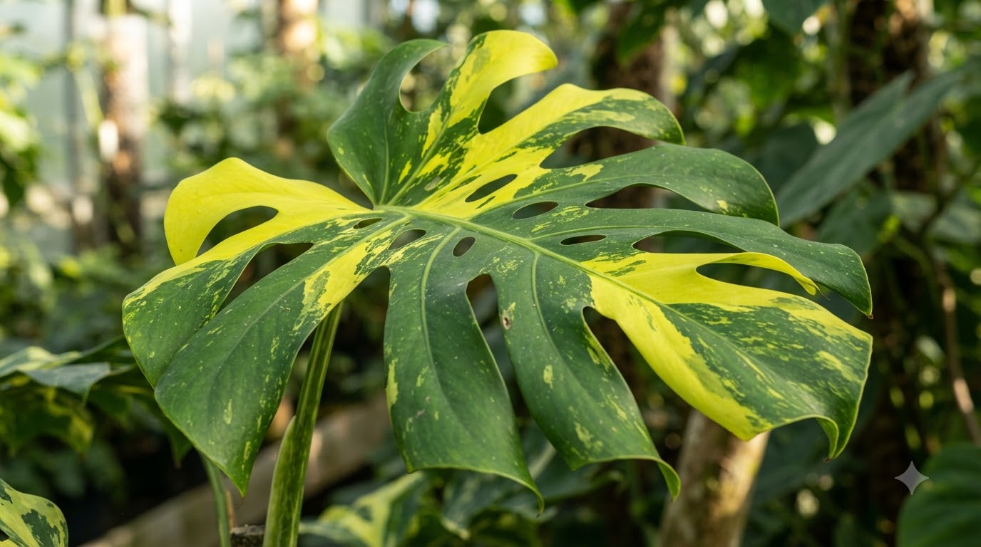 Variegated Monstera leaf with green and yellow splashes and natural fenestrations.