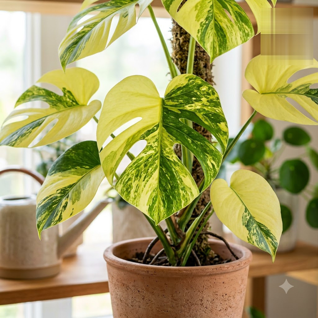 Monstera deliciosa Lemon Pompon in a terracotta pot climbing a moss pole.
