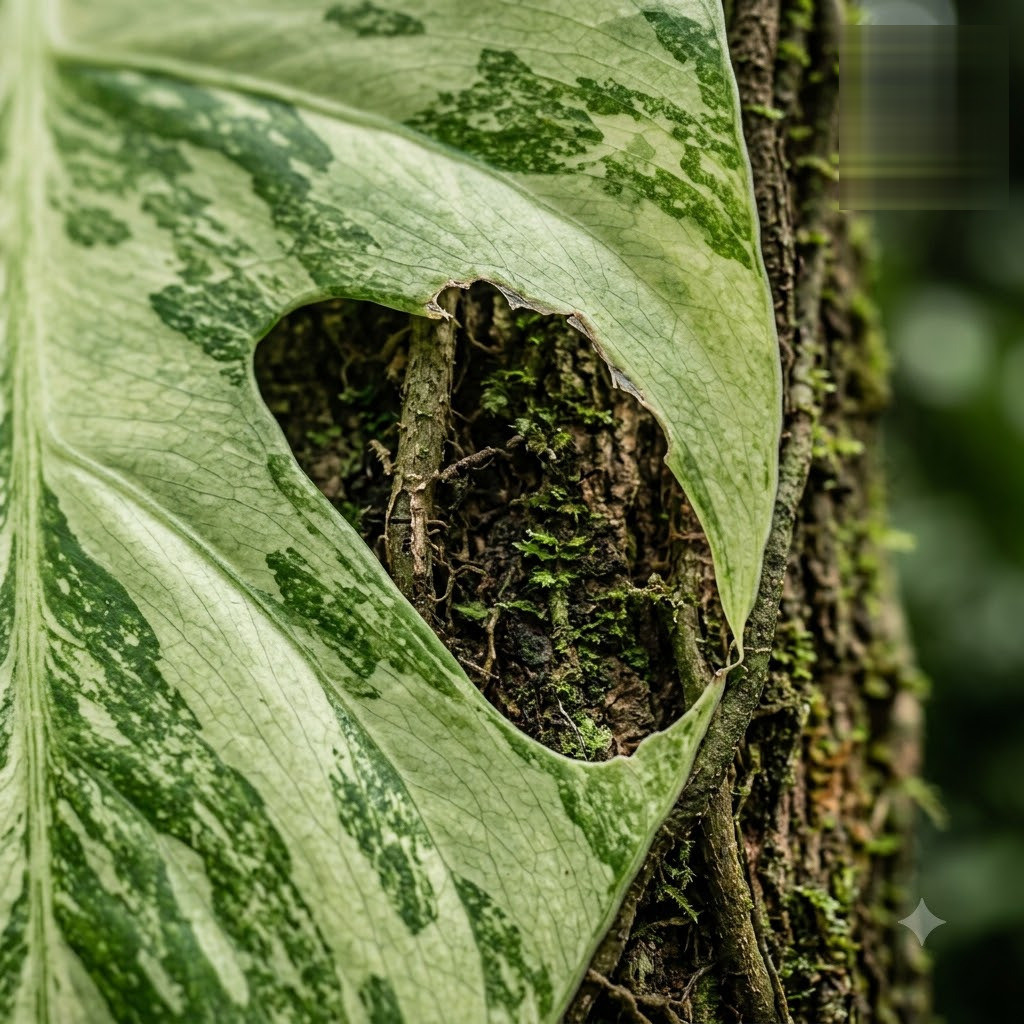 Close-up of a variegated Monstera deliciosa Mint leaf showing fenestration against tree bark.