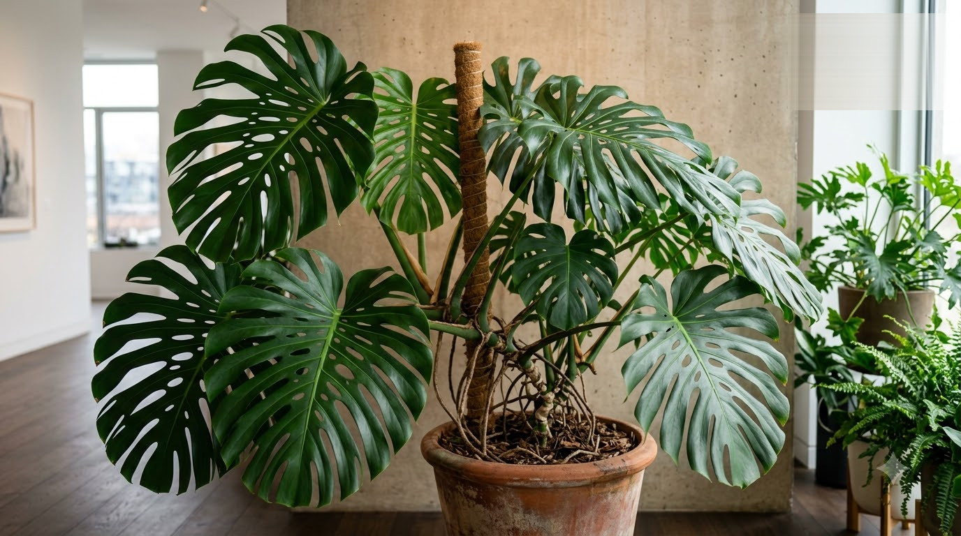 Large Monstera plant with split leaves supported by a moss pole in a terracotta pot.