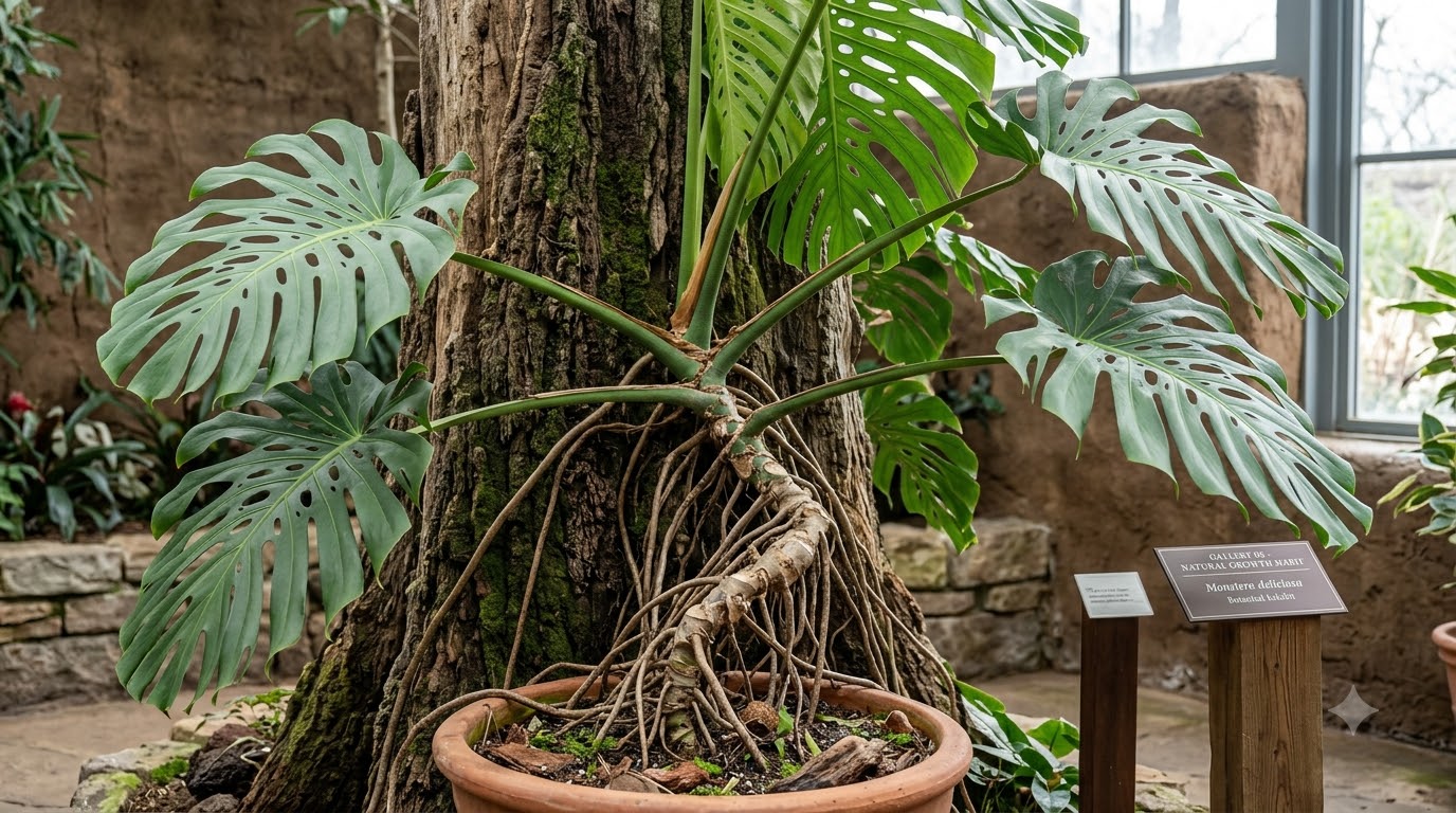 Monstera deliciosa plant with aerial roots growing in a pot against a large tree trunk.