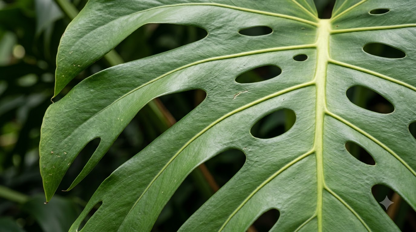 Close-up of a vibrant green Monstera leaf showing its characteristic split edges and natural fenestrations.