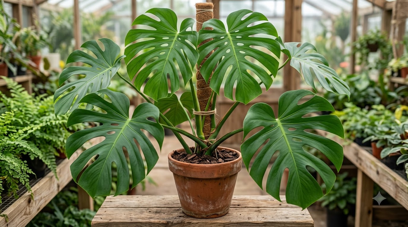 Monstera plant in a terracotta pot supported by a coir pole inside a greenhouse.