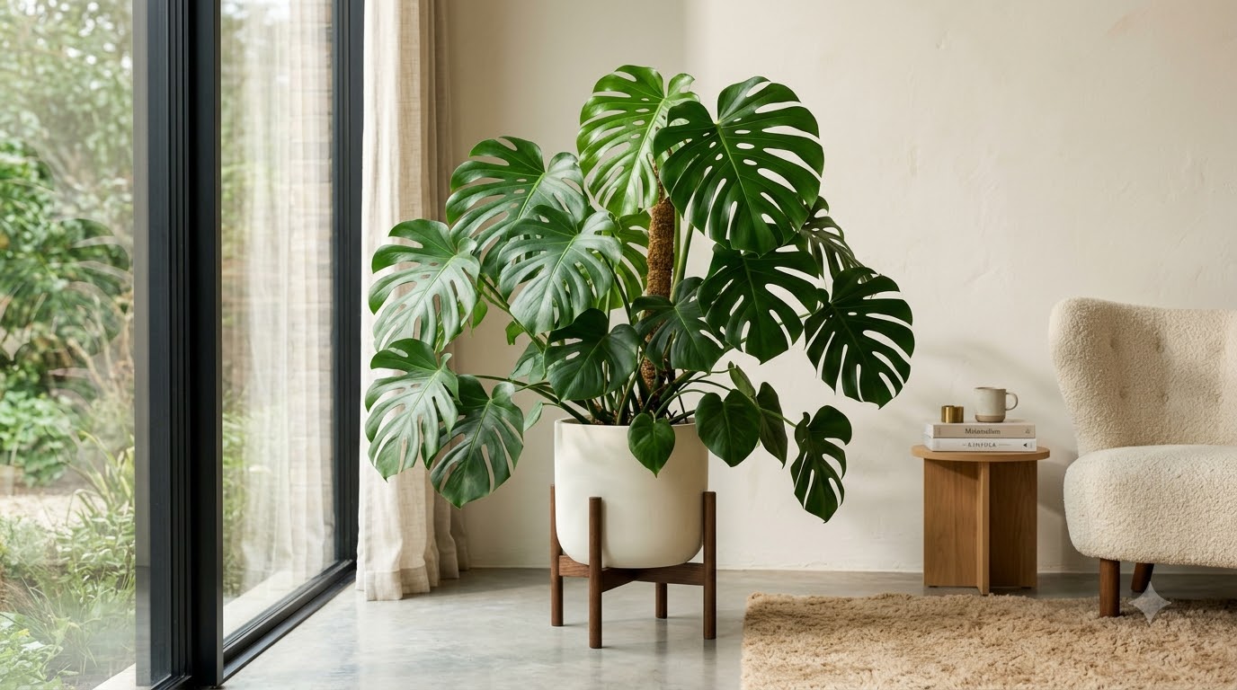 Large monstera plant in a white pot with a wooden stand next to a window and an armchair.