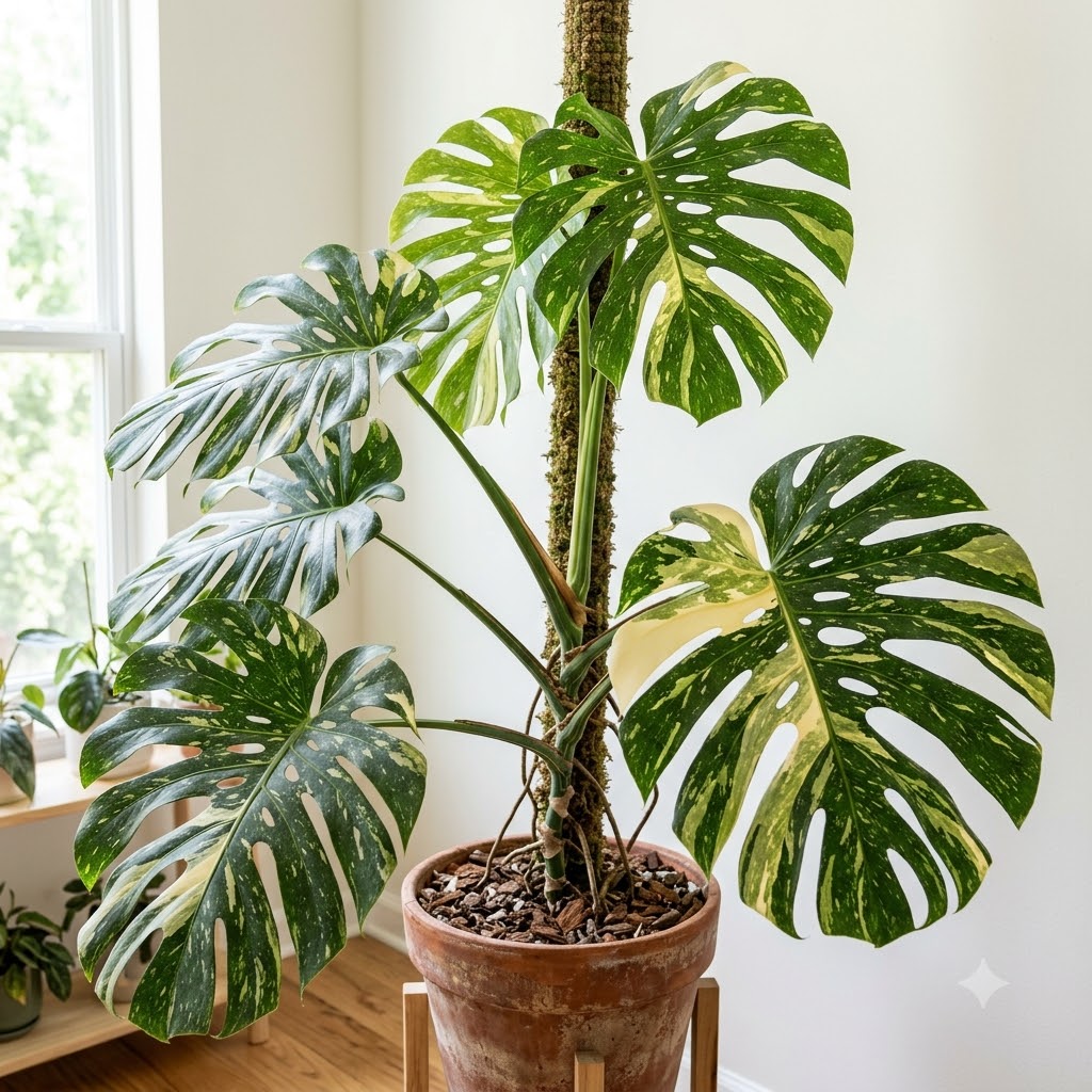 Monstera deliciosa with large variegated split leaves climbing a moss pole in a terracotta pot.