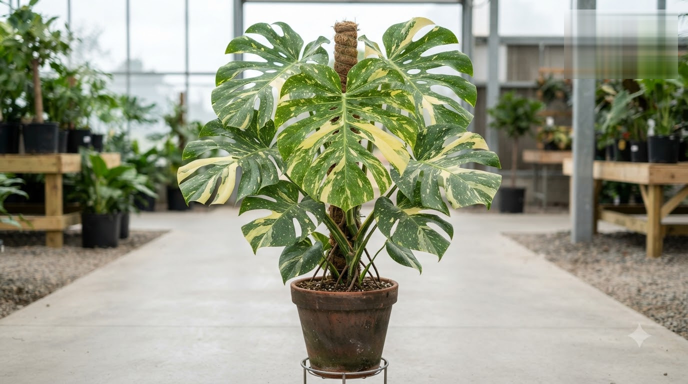 Monstera plant with variegated green and yellow fenestrated leaves growing up a moss pole in a terracotta pot inside a
