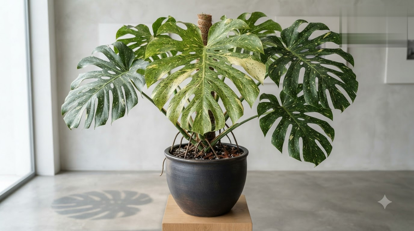 A potted Monstera plant with variegated leaves and fenestrations, sitting on a wooden stand in a minimalist room.