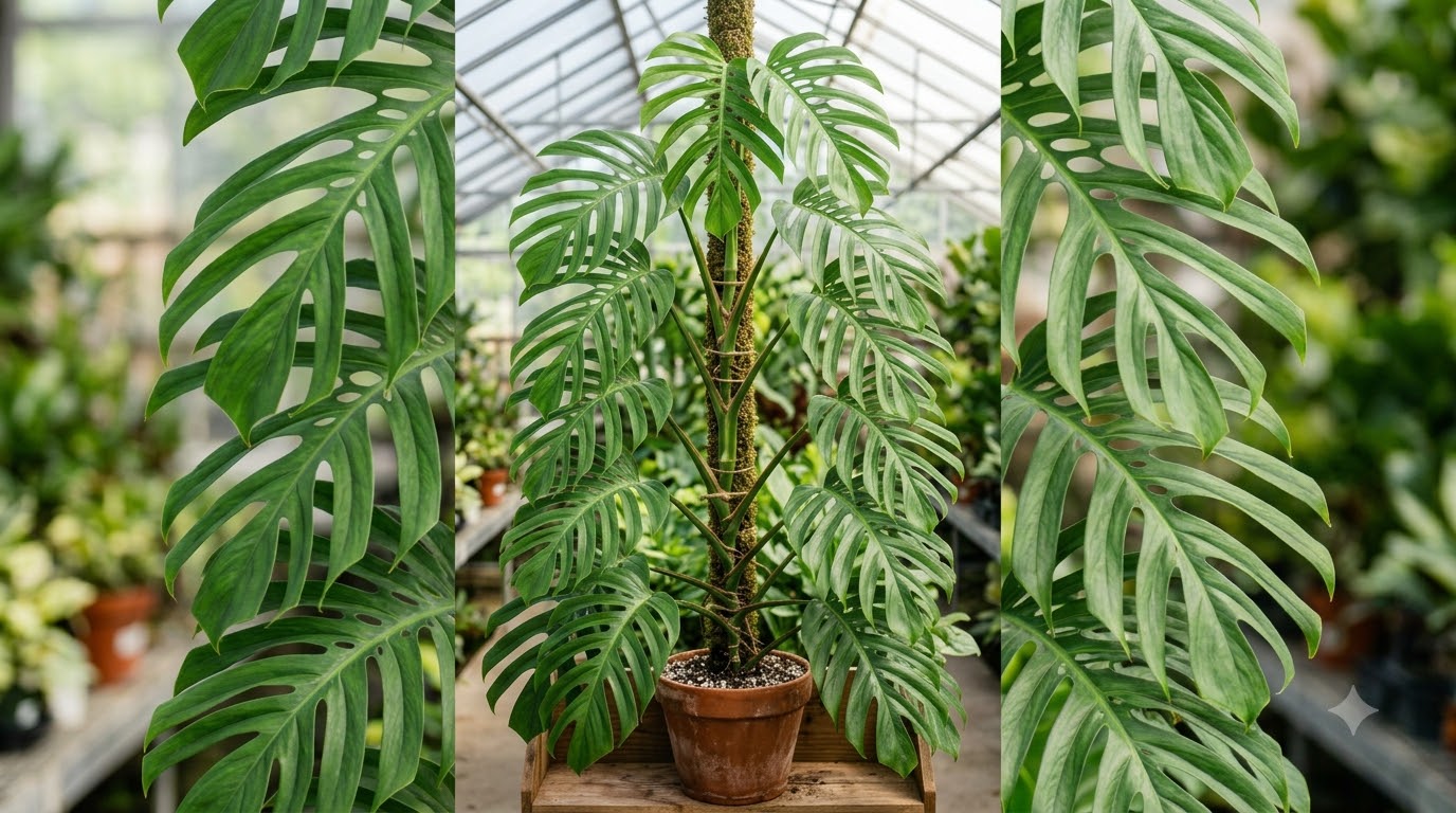 Monstera plant with split leaves climbing a moss pole in a greenhouse.