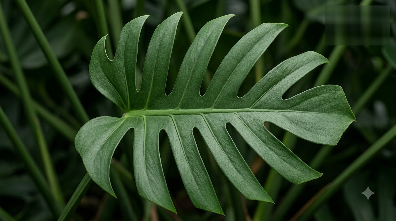 Close-up of a large split-leaf tropical plant with symmetrical cuts against a dark green background.