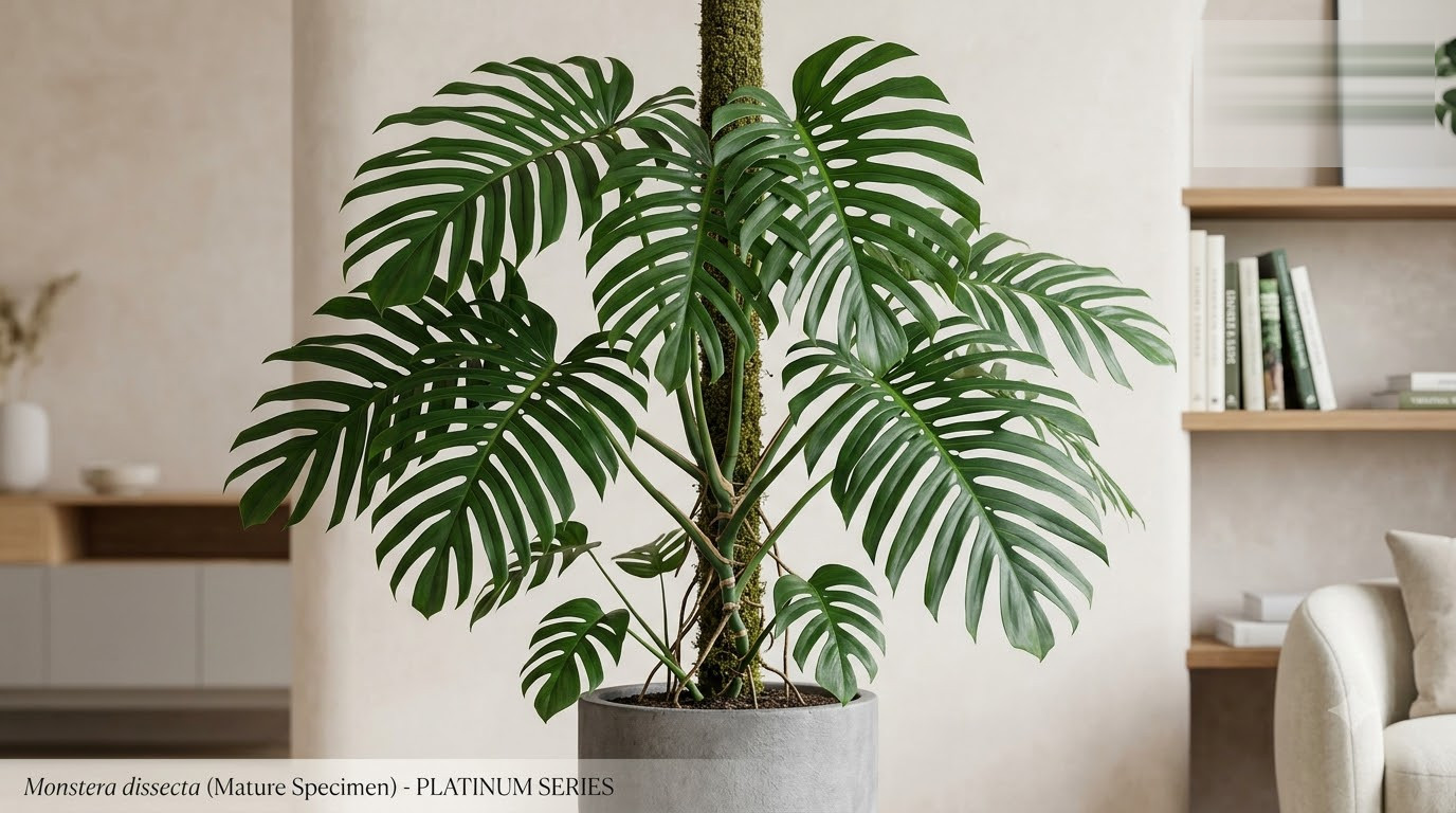 Large potted Monstera plant with deeply split leaves climbing a moss pole indoors.