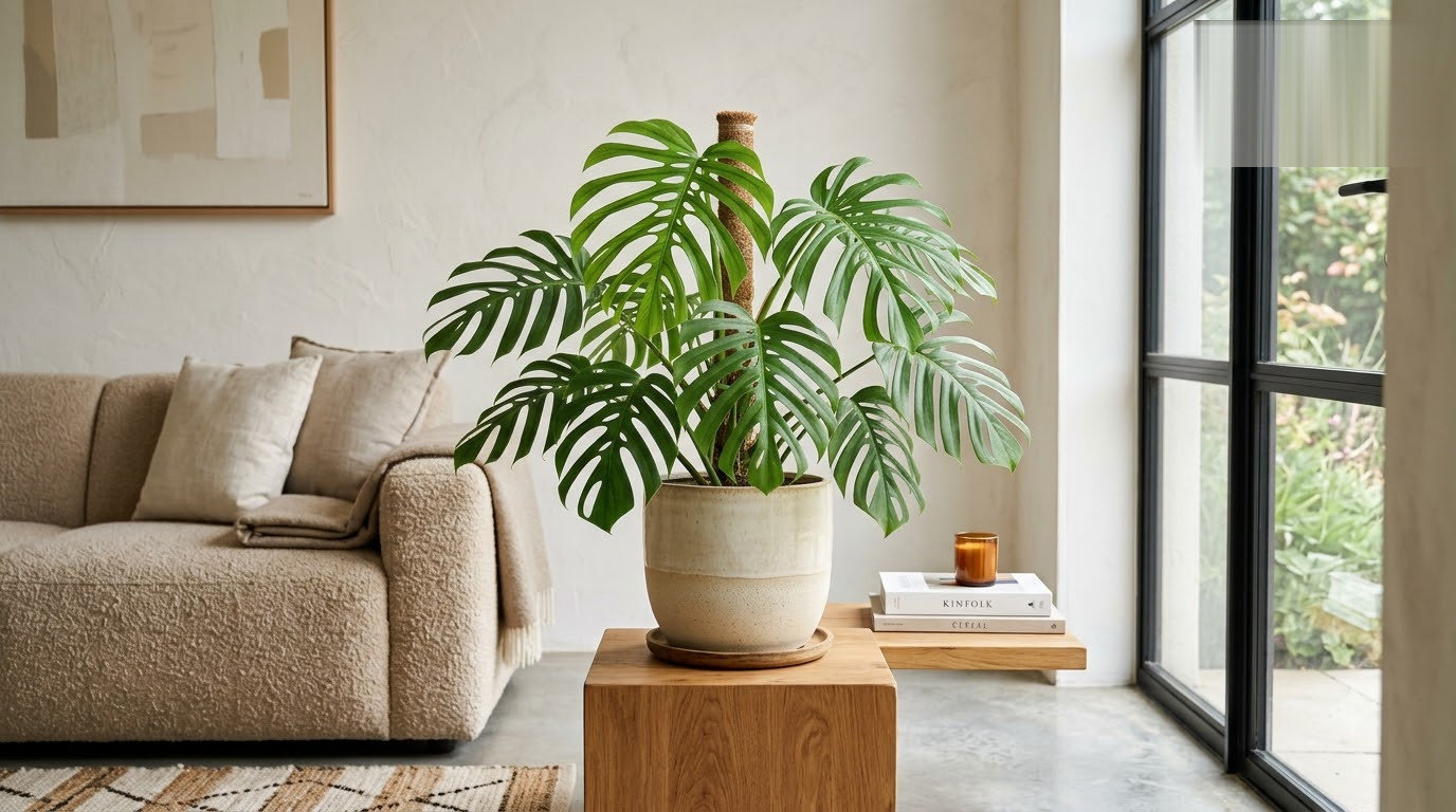 Monstera plant with a moss pole in a ceramic pot on a wooden stand in a living room.