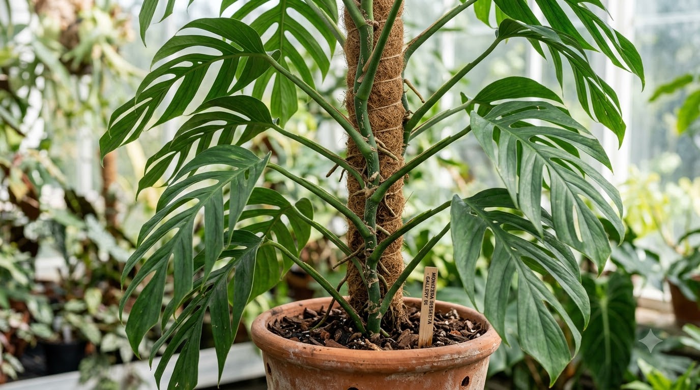 Monstera plant in a terracotta pot climbing up a coir moss pole.