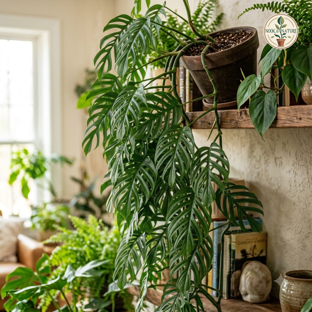 Lush Monstera dissecta cascading from a potted shelf in a sunlit indoor setting.