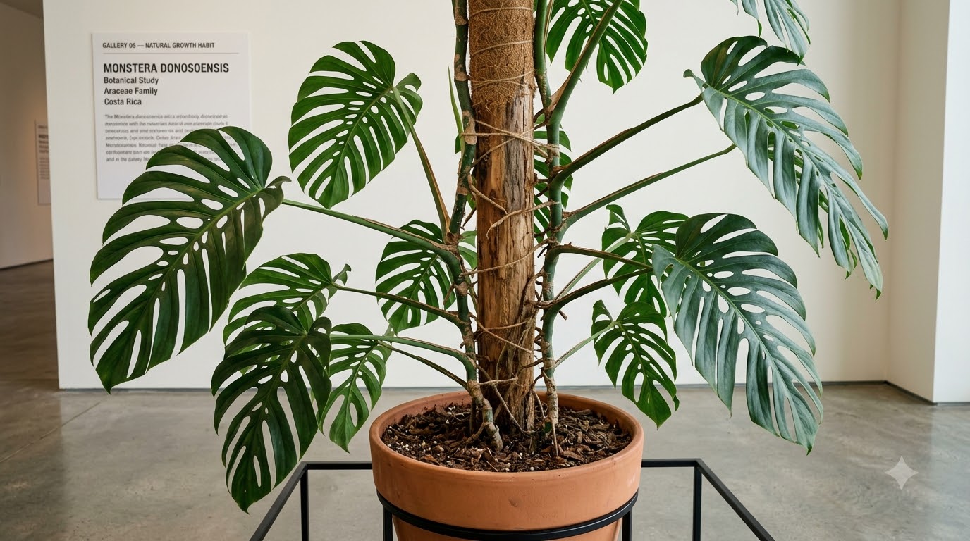 Monstera donosoensis plant in a terracotta pot climbing a moss pole in a gallery setting with an informational wall plaque.