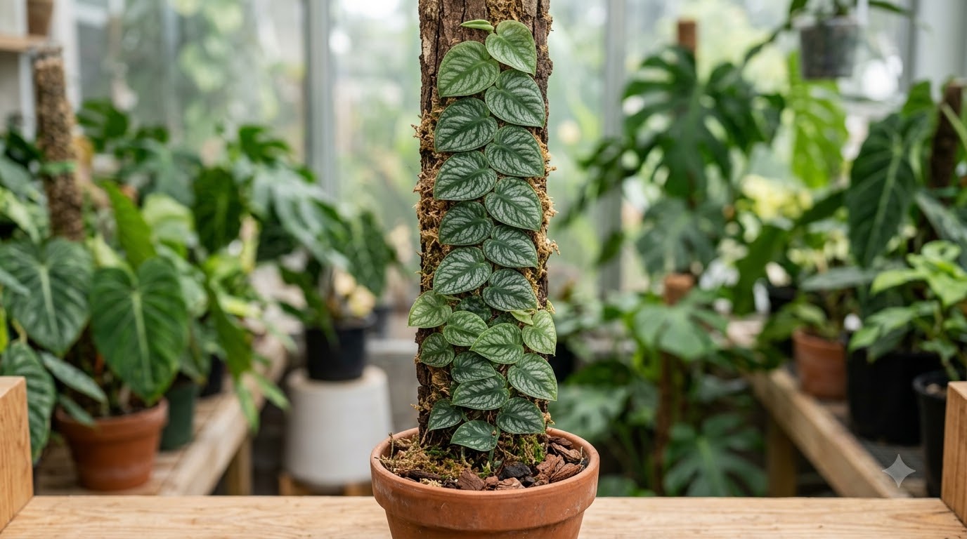Shingle plant climbing up a wooden pole in a potted terrarium setting.
