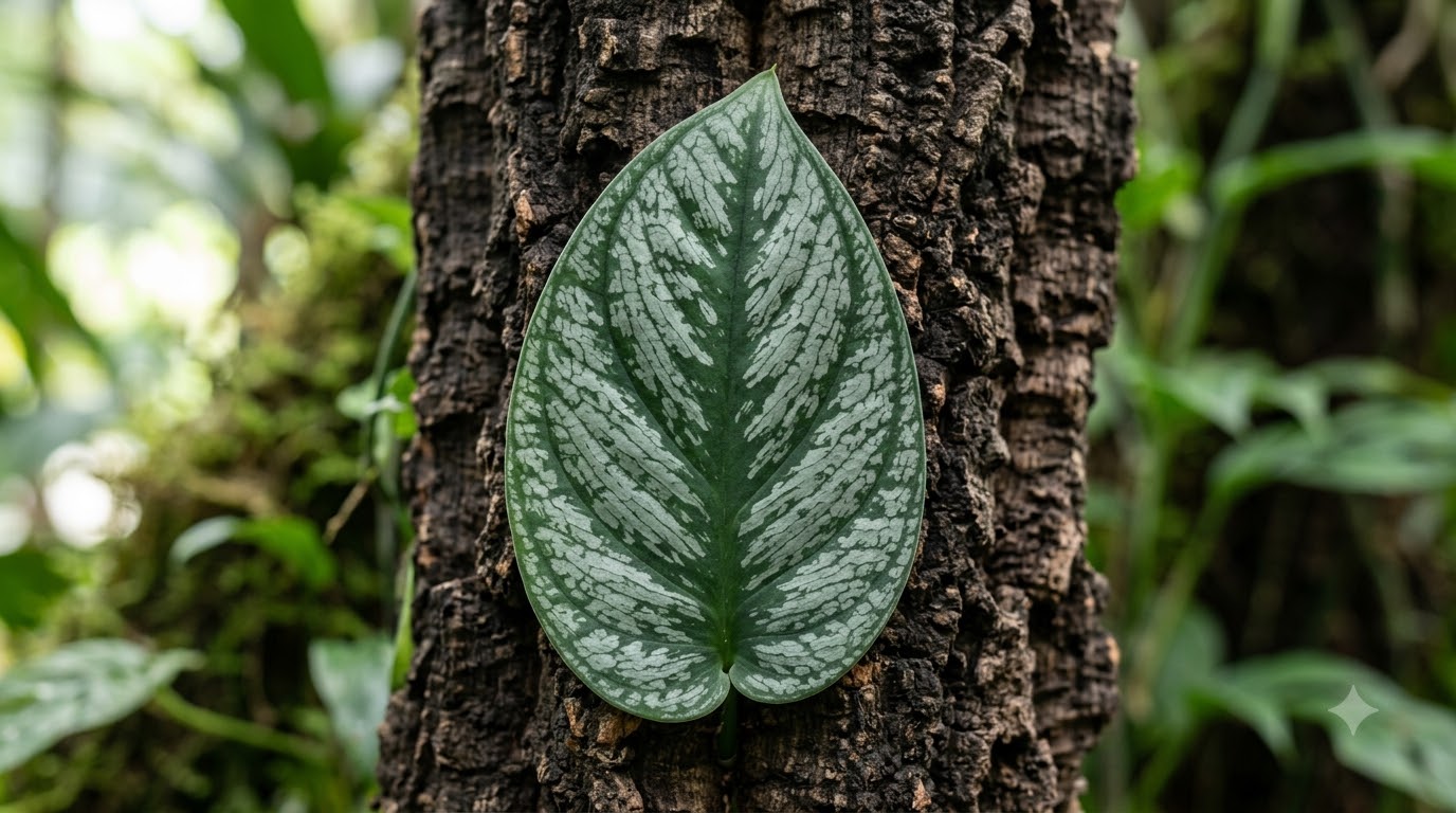 Large, oval green leaf with prominent silver variegation mounted against a rough tree bark background.