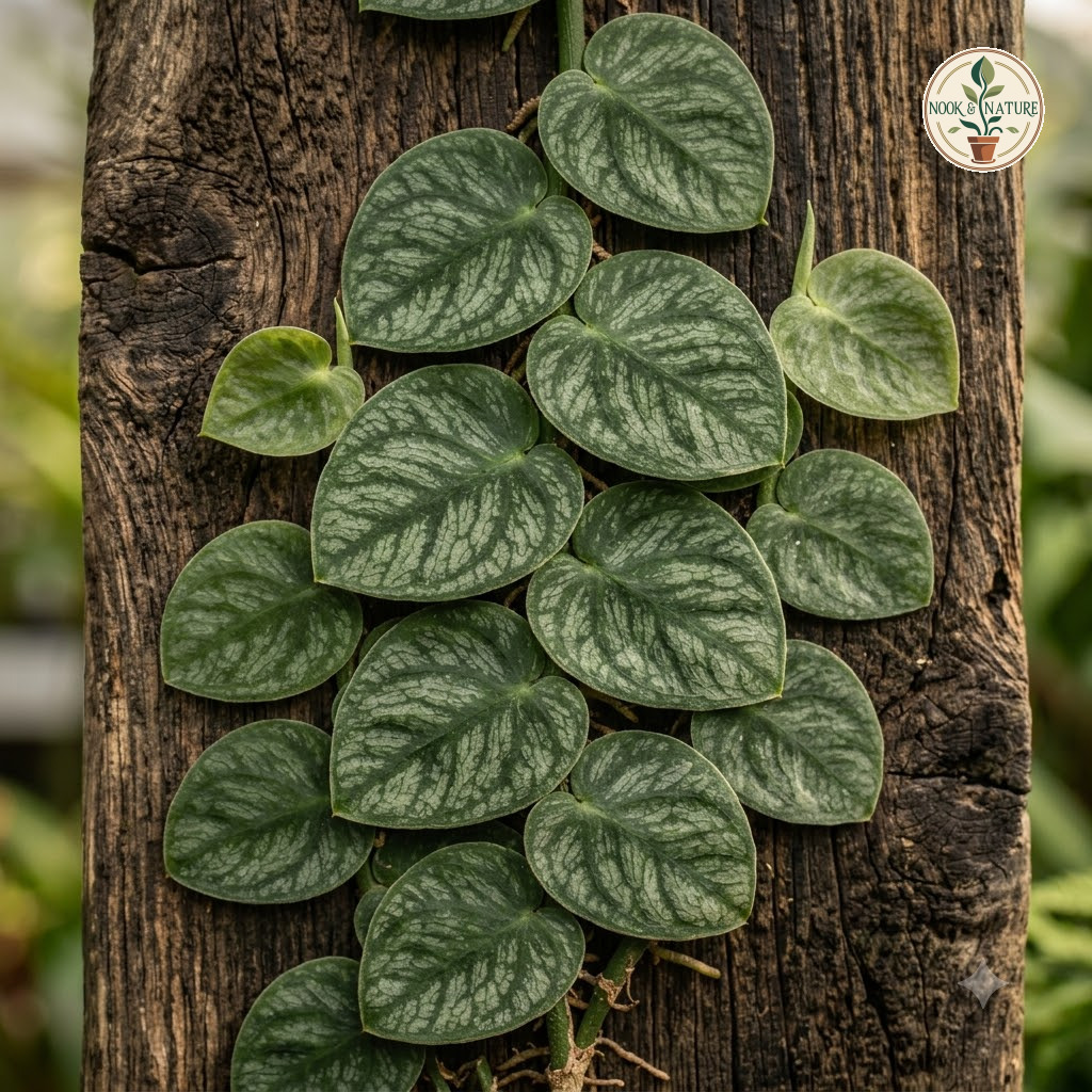 Monstera dubia climbing vertically up a weathered wooden plank, showing patterned heart-shaped leaves.